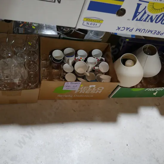 Three boxes of glassware, mugs etc