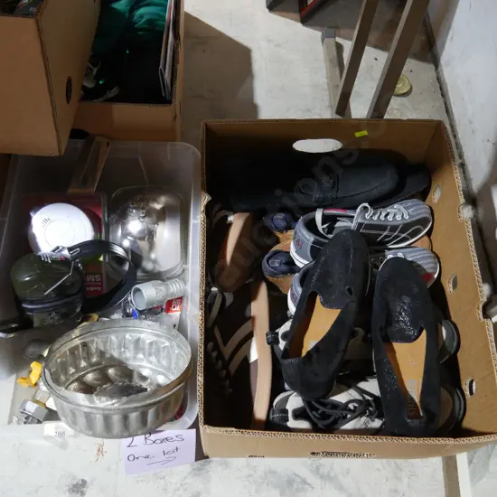 Two boxes of shoes etc