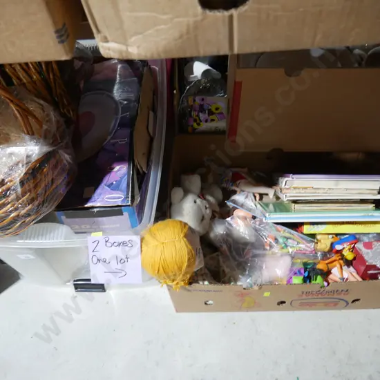 Two boxes of children toys, baskets etc