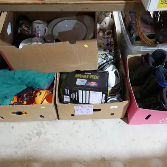 4 boxes of china, rollerblades etc