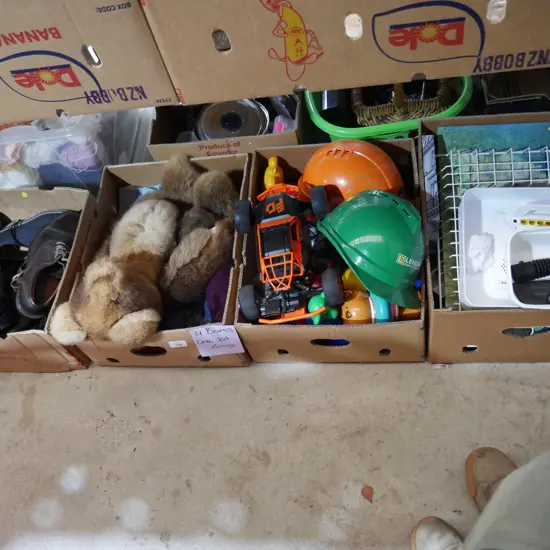 4 boxes of shoes, toys etc