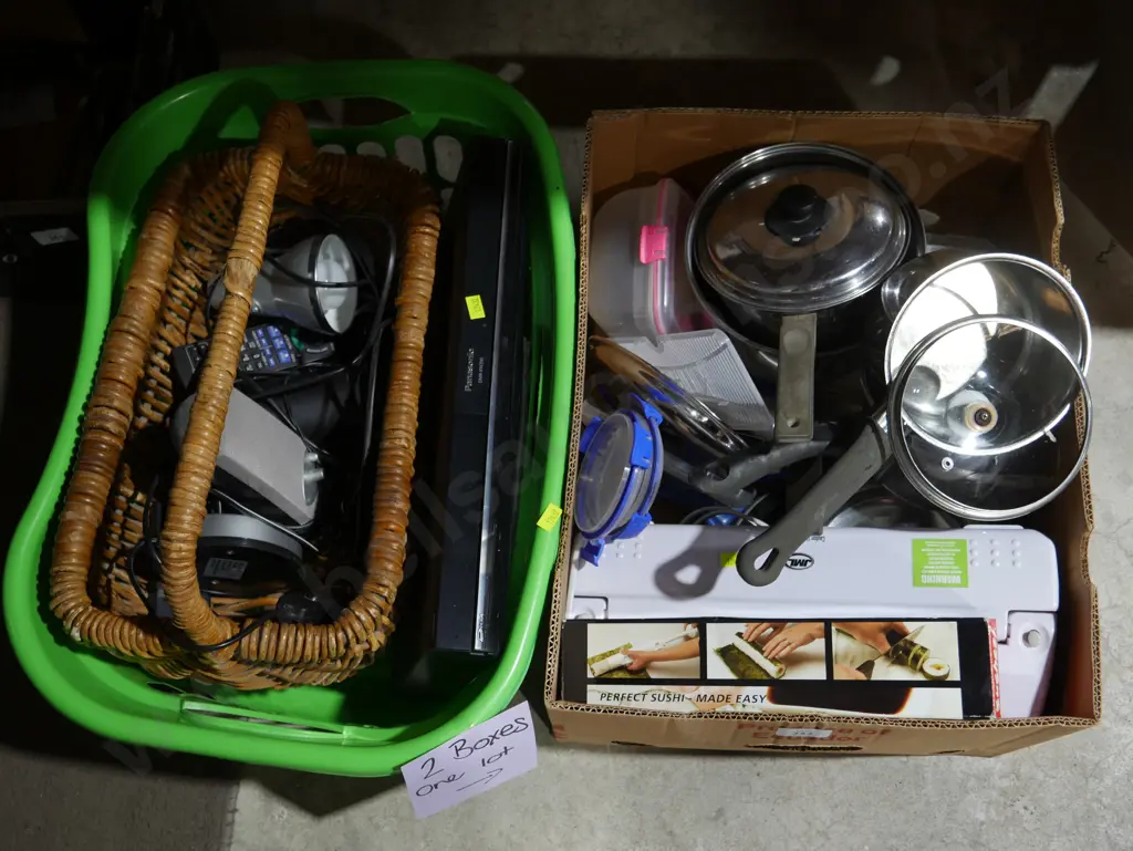 Two boxes of Panasonic DVD player and kitchenware etc Image 1++