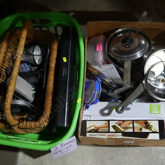 Two boxes of Panasonic DVD player and kitchenware etc