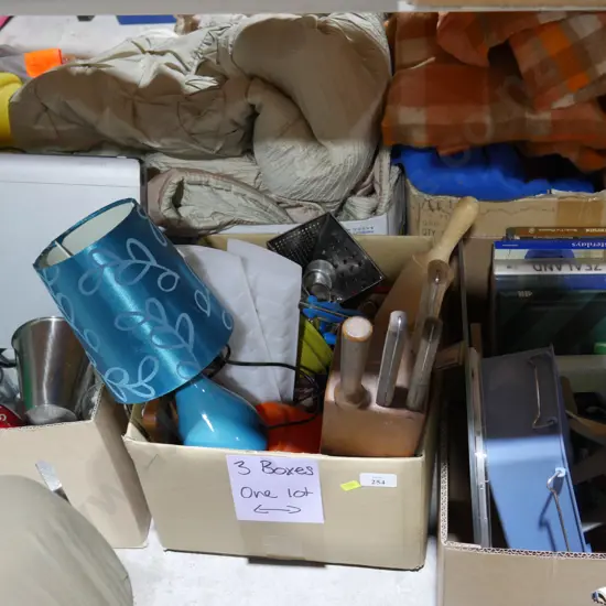 Three boxes of kitchenware, books, DVD player etc