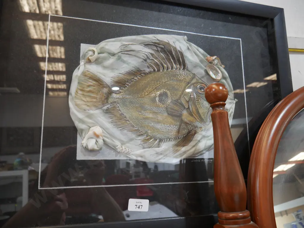 Framed fish artwork on cloth Image 1++