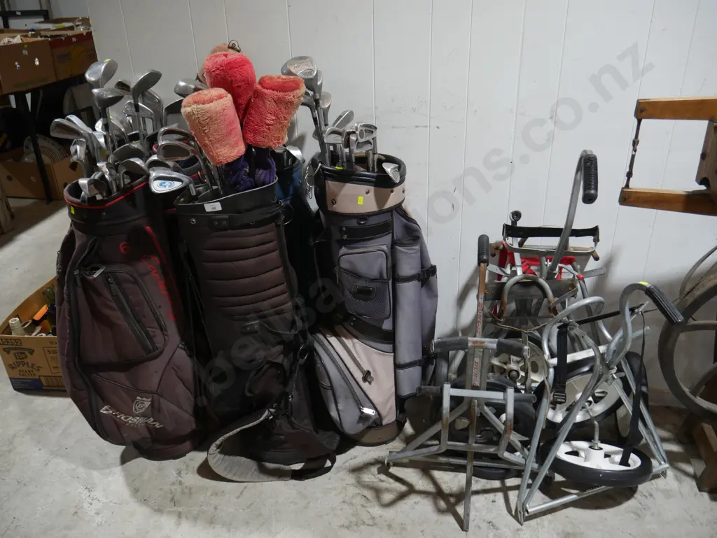 Assorted golf clubs bags and trundlers Image 1++