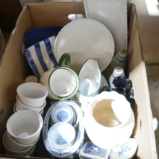 Box of assorted ceramic kitchenware, serving pieces etc