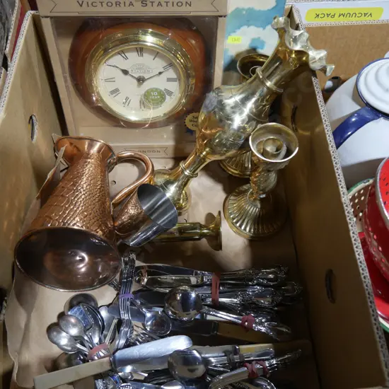 Clock, copper jug, brassware etc