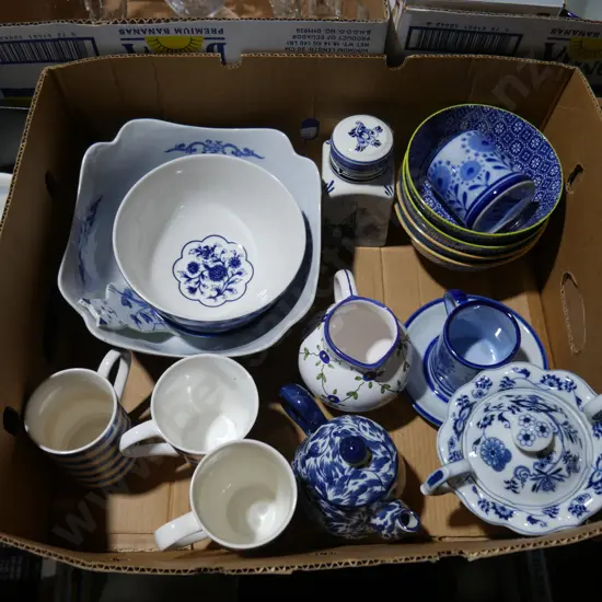 Box of blue and white china etc