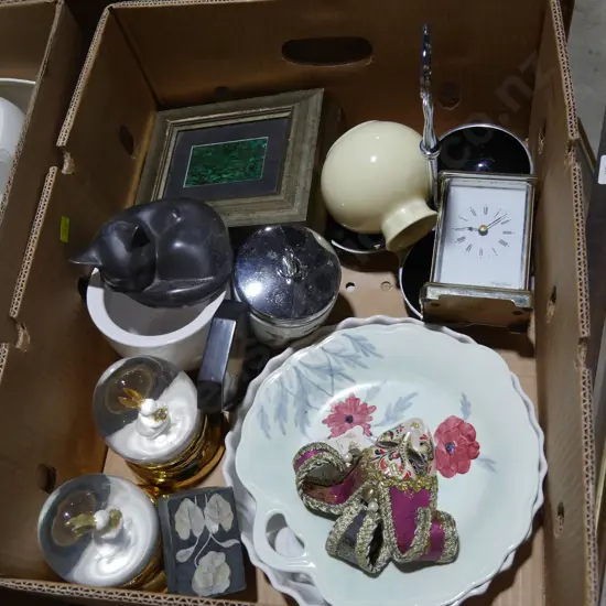 Clock, small paua box etc