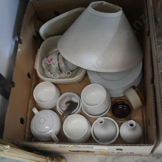 Lamp shade, white plates etc