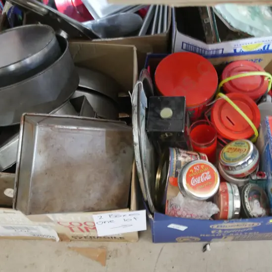 Two boxes of baking tins etc