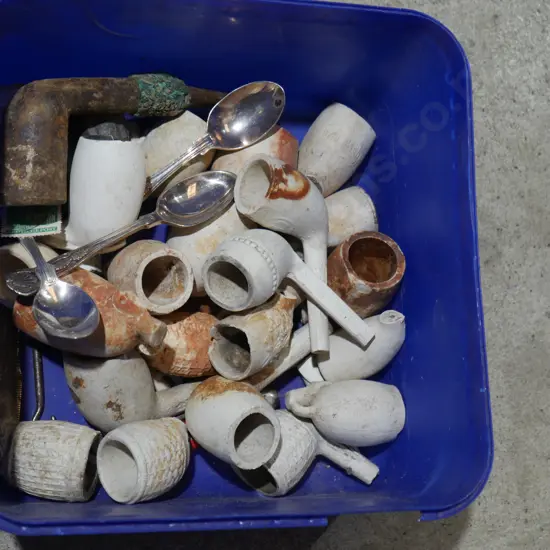 Clay tobacco pipe bowls etc