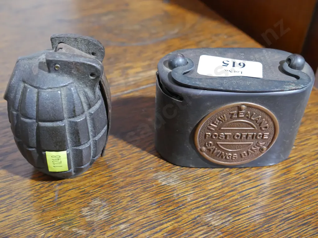 Hand grenade money box, NZ post office money box Image 1++
