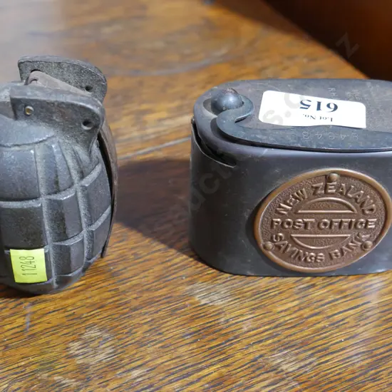 Hand grenade money box, NZ post office money box