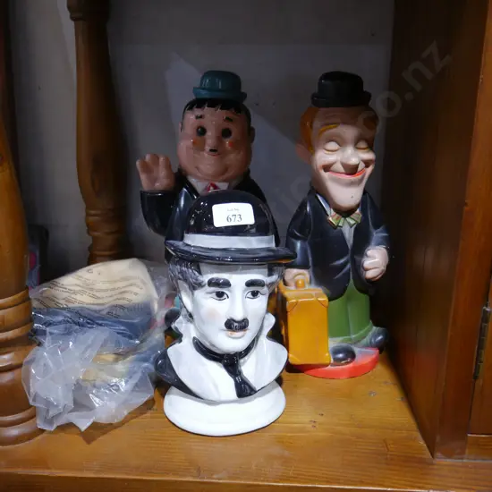 Three figurine money boxes, 2 masks