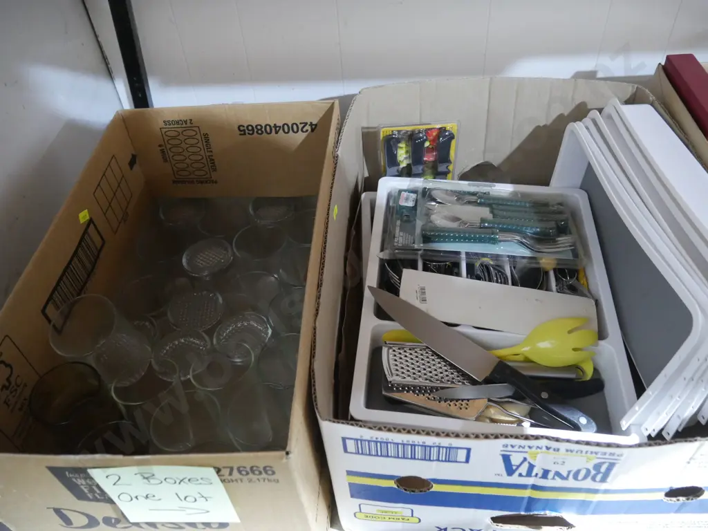 Two boxes of glassware, cutlery etc Image 1++