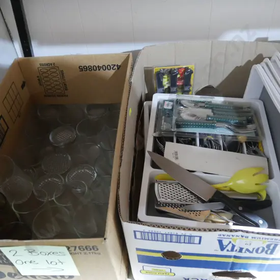 Two boxes of glassware, cutlery etc