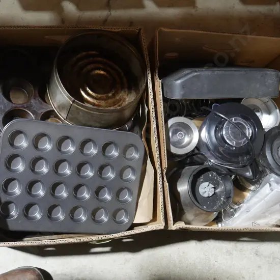 Two boxes of baking trays, blender etc