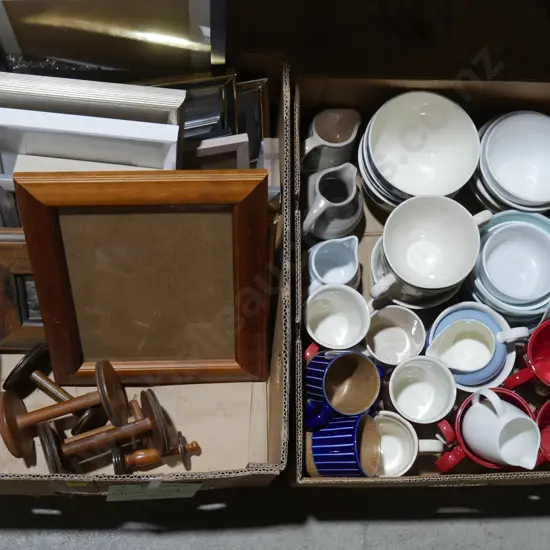 Two boxes of picture frames, mugs etc