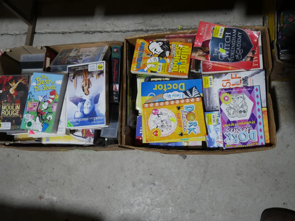 Two boxes of tapes, books etc Image 1++