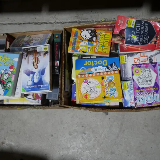 Two boxes of tapes, books etc
