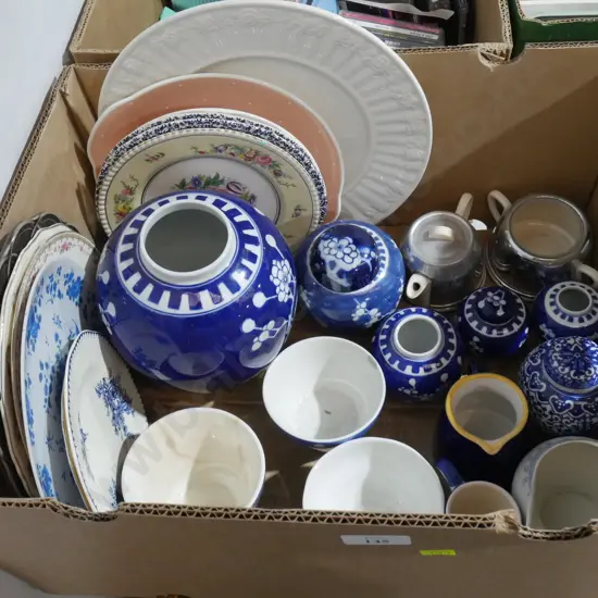 Blue and white ginger jars, plate etc