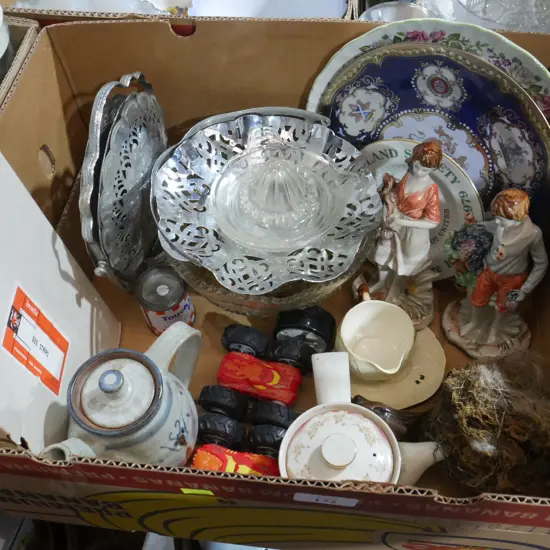 Figurine ornaments, china plates etc