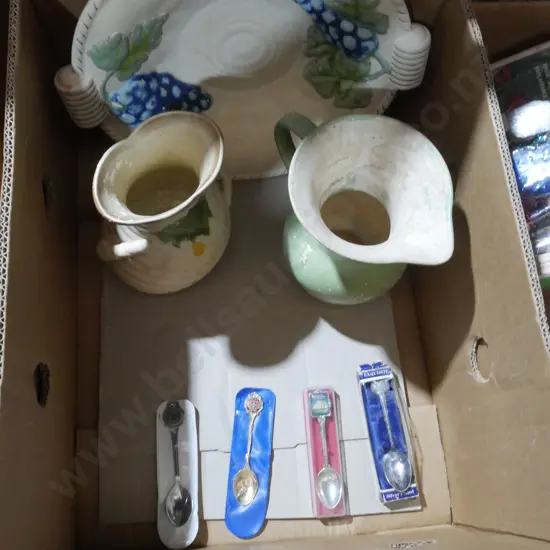 Jug, vase, souvenir teaspoons