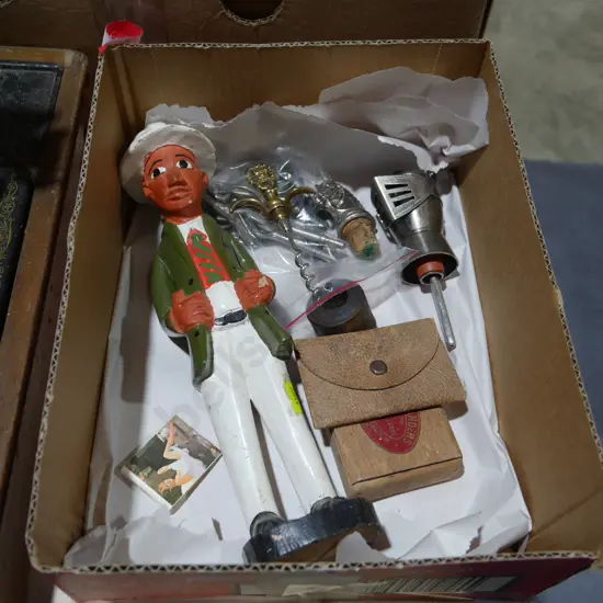 Wooden figurine, keys, etc