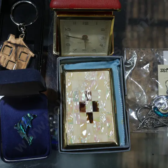 Musical compact, travel clock, costume jewellery