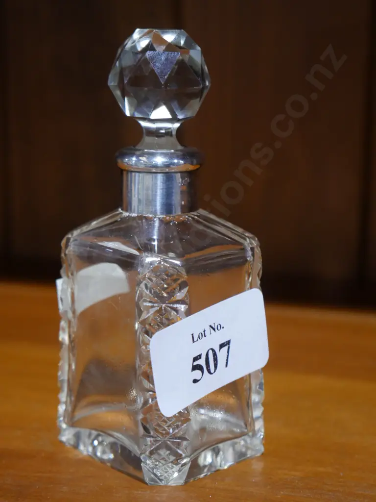 Cut glass perfume bottle with stopper & sterling collar Image 1++