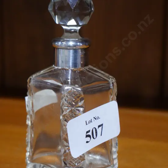 Cut glass perfume bottle with stopper & sterling collar