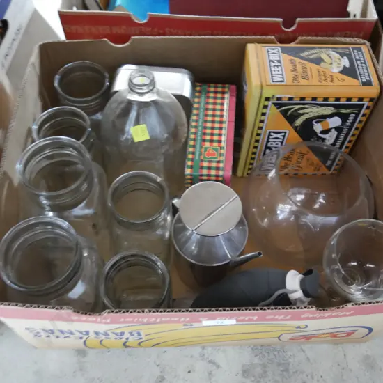 Glass jars, tins