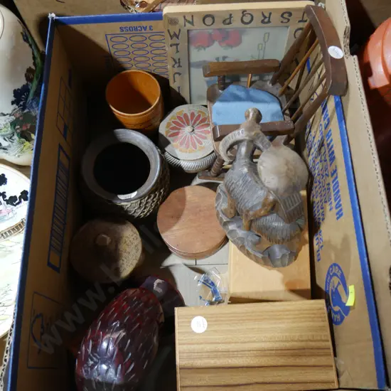 Wood trinket boxes, figurines etc
