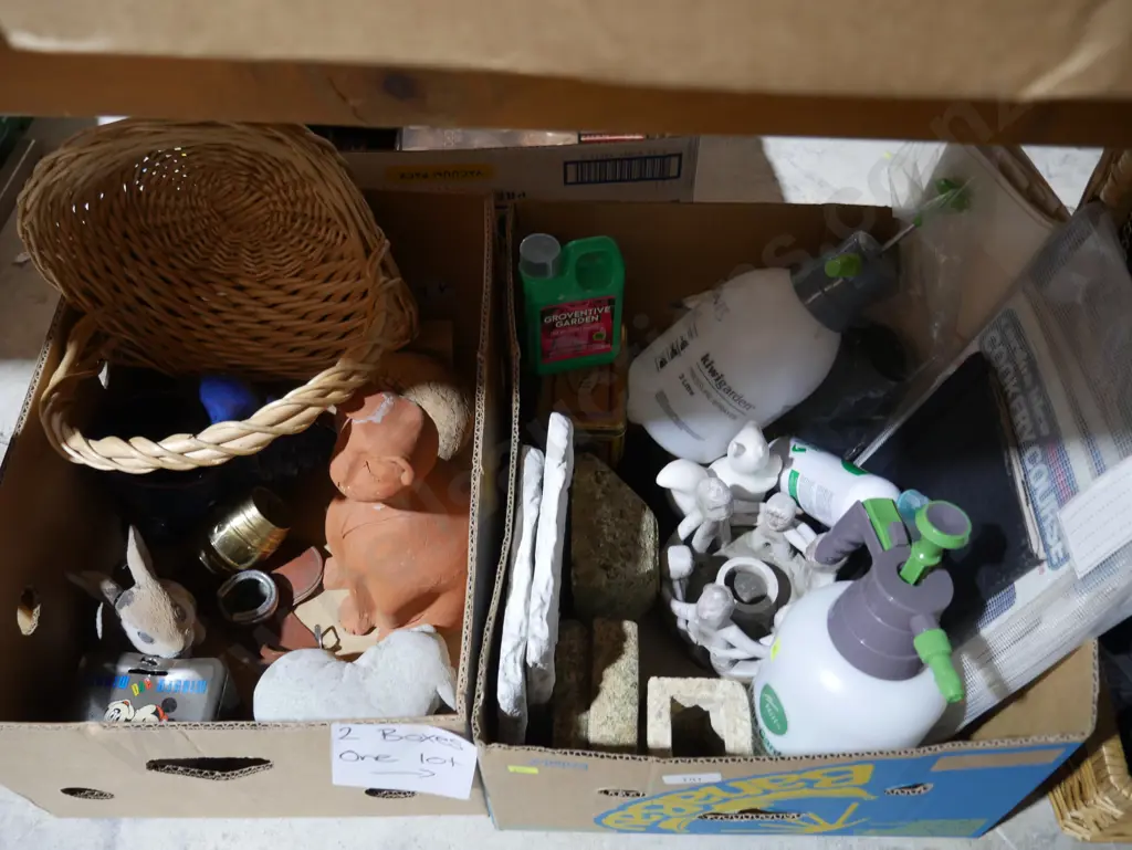 2 boxes of garden sprays, figurines etc Image 1++