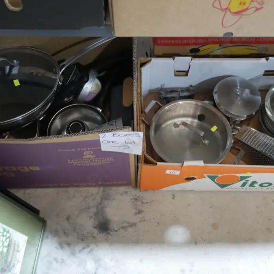 2 boxes of pots and pans etc