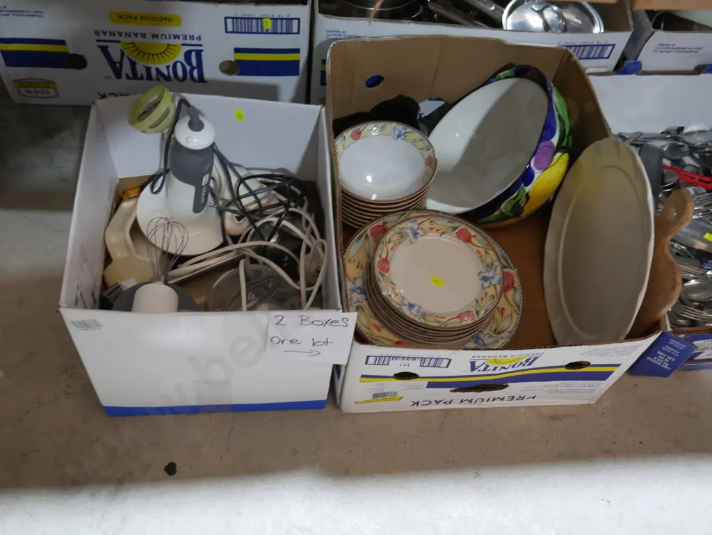 2boxes of mixers, dinnerware etc Image 1++