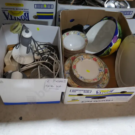 2boxes of mixers, dinnerware etc