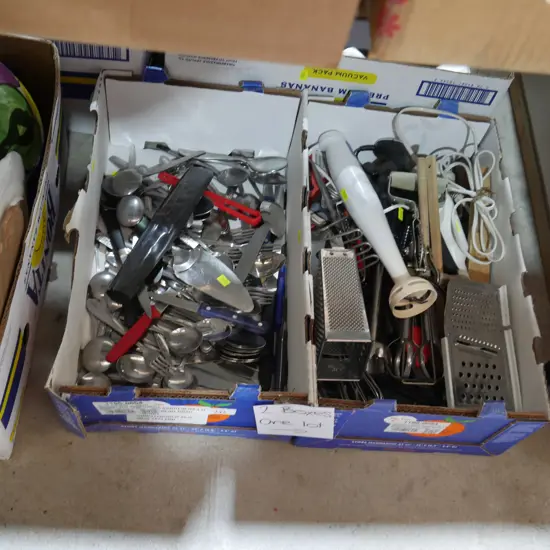 2 boxes of cutlery and kitchen utensils