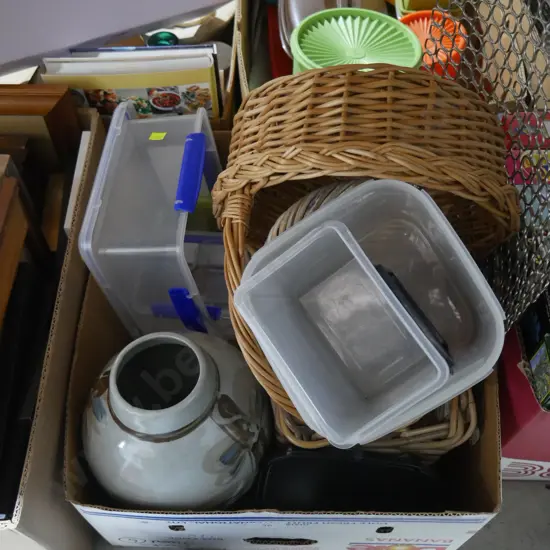 Cane baskets, vase etc