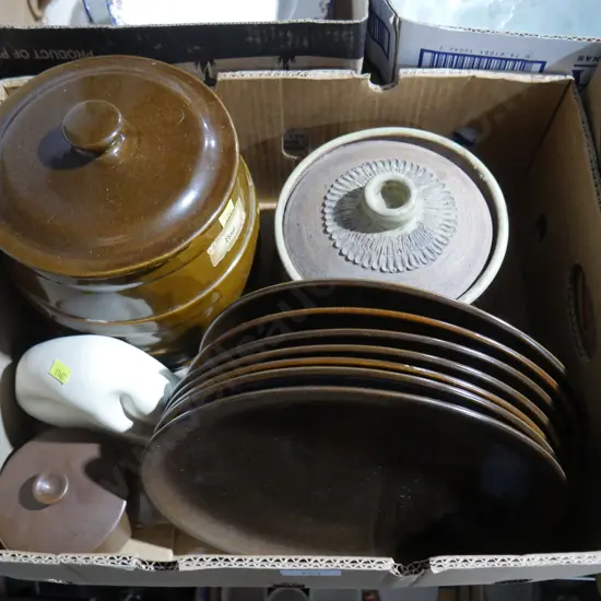 Crown Lynn plates, pottery lidded pots etc
