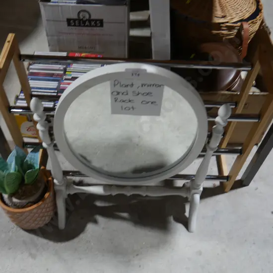 Shoe rack, artificial plant, and mirror