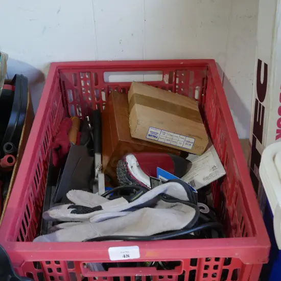 Crate of garage sundries