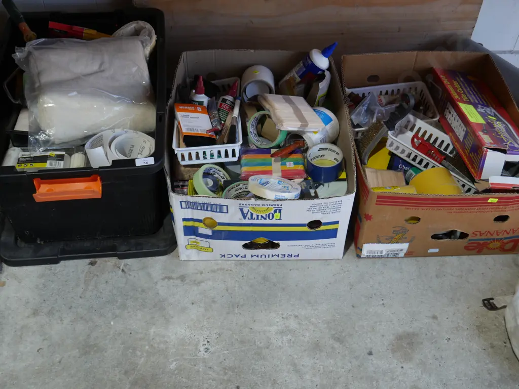 3 boxes painting, garage sundries Image 1++