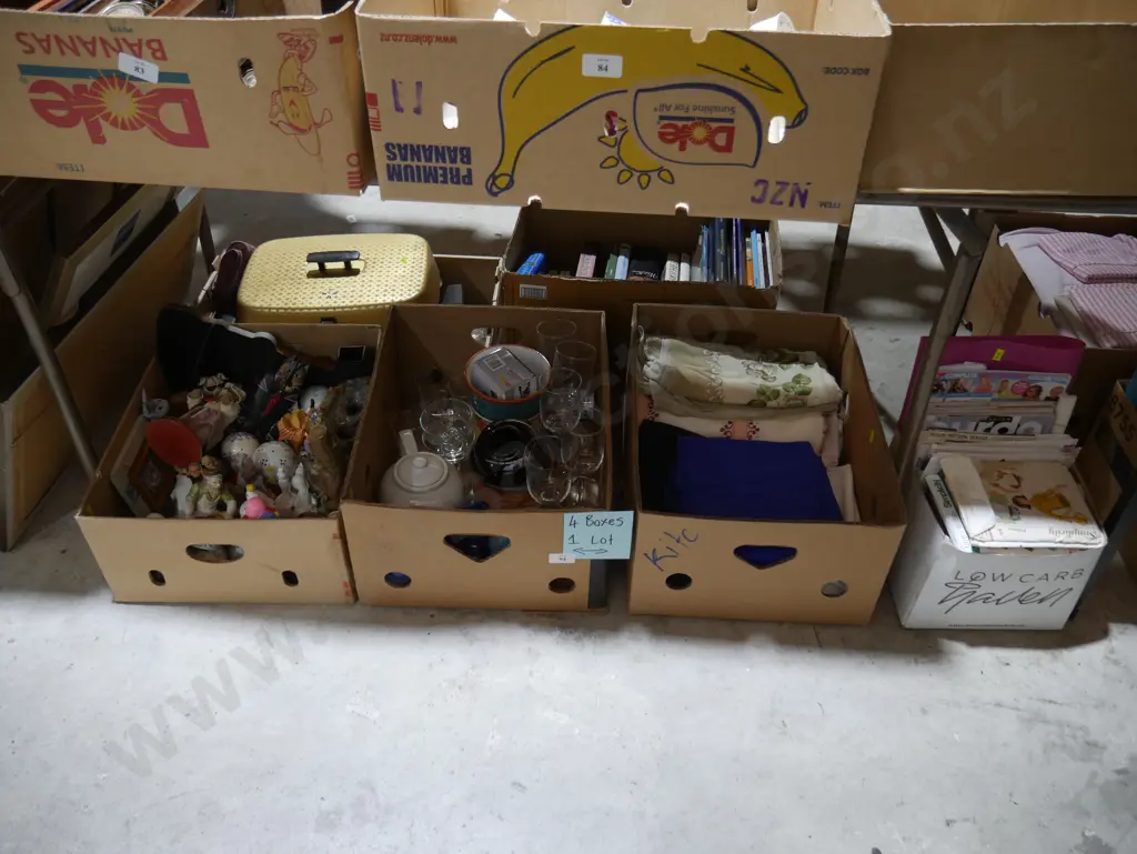4 boxes ornaments, linen, glassware etc Image 1++