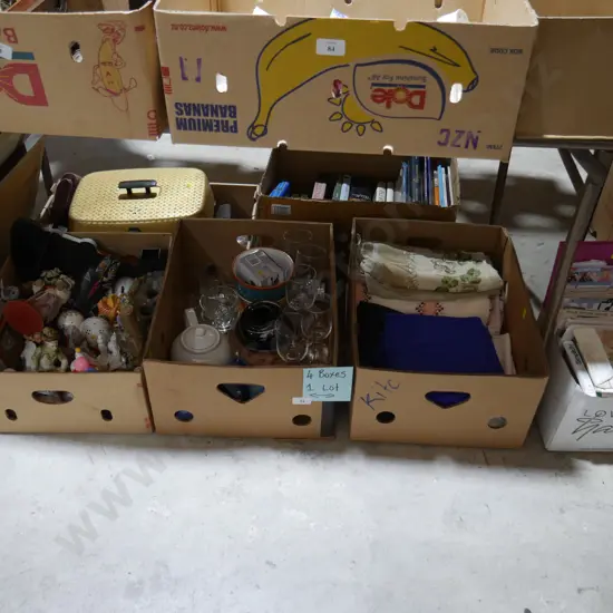 4 boxes ornaments, linen, glassware etc