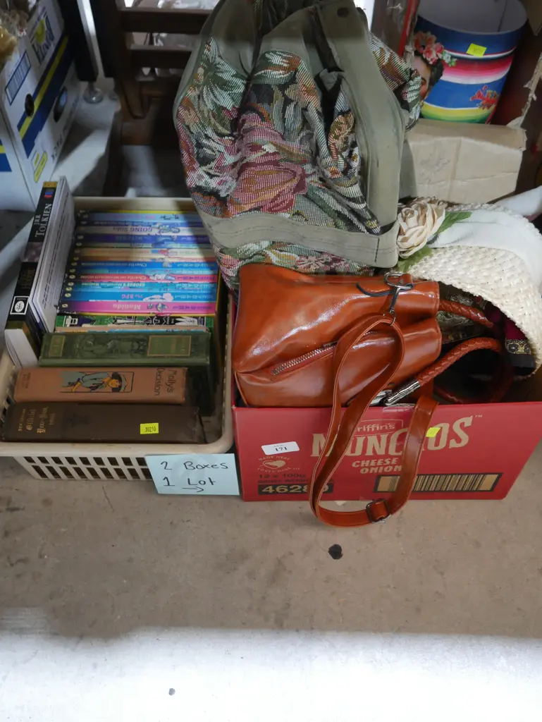 Two boxes of books, handbags etc Image 1++
