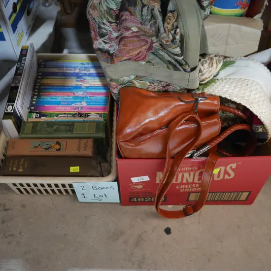 Two boxes of books, handbags etc