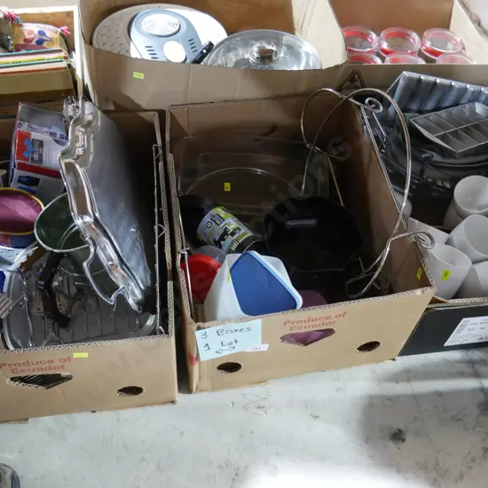 Three boxes of kitchenware